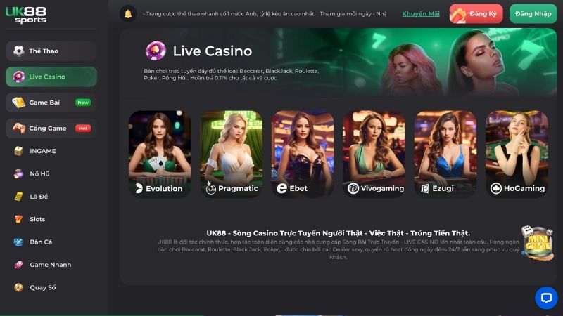 Đa dạng các thể loại và nhiều phòng chơi live casino uk88