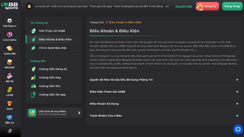Chính sách về điều khoản và điều kiện tham gia UK88